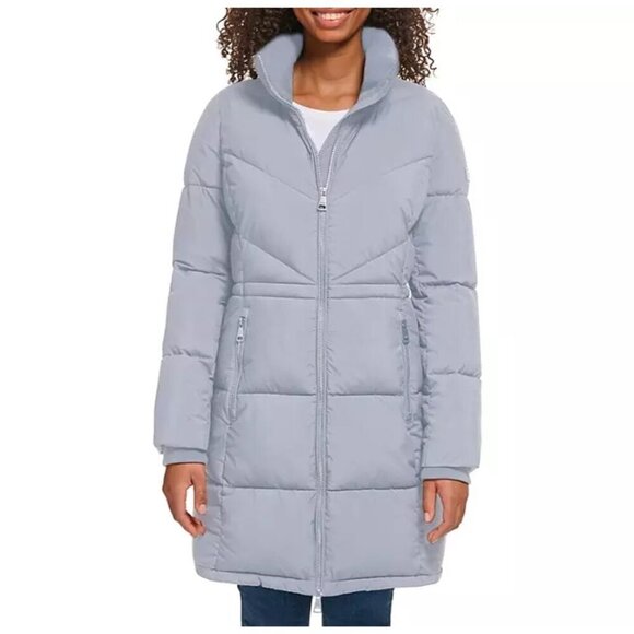 Calvin Klein Womens Quilted Chevron Packable Hooded Puffer Coat Size M Light Gre - Picture 1 of 4